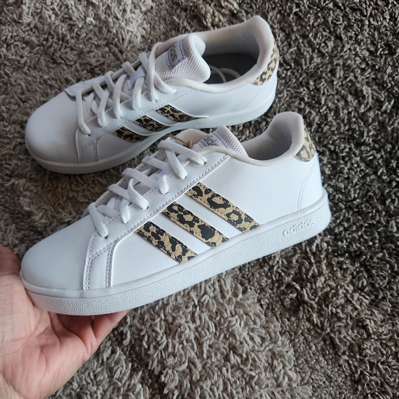 adidas Other - Adidas Kids White Sneakers with Gold Leopard Print